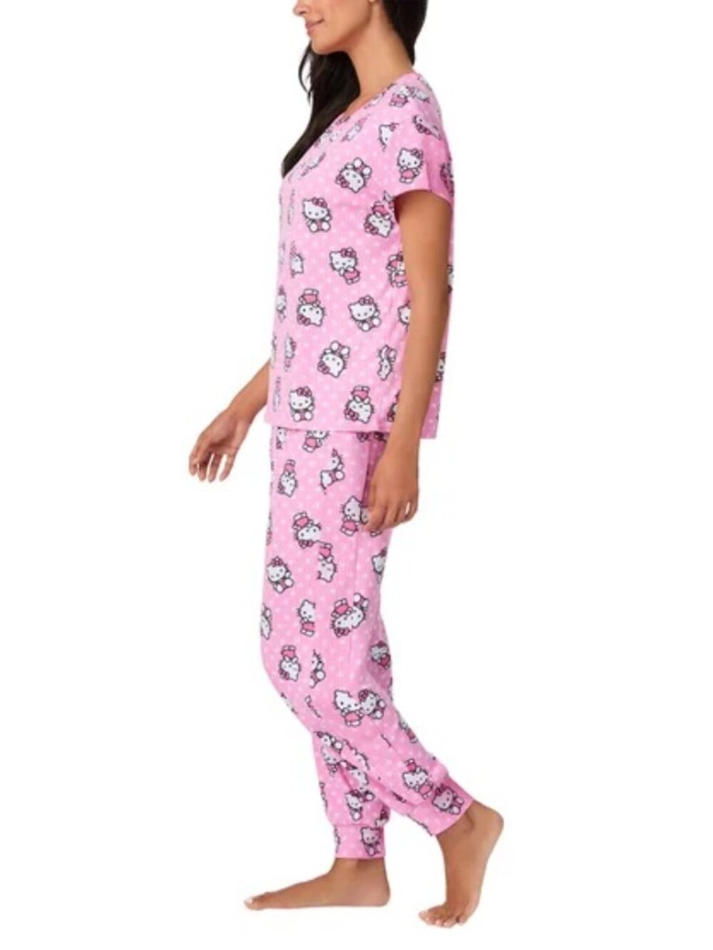 NEW Hello Kitty 2 Pc Pajama Set NWT XL Short Sleeve Top Jogger Pants Pink - Picture 9 of 10